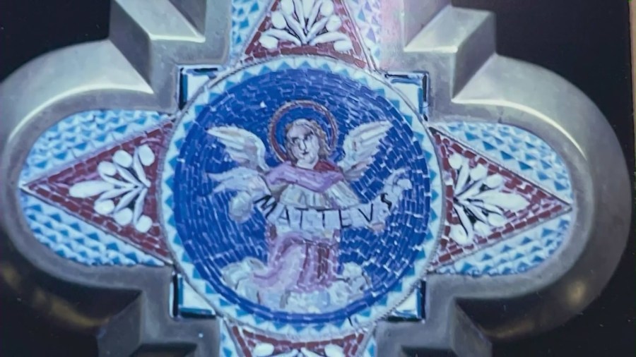 Mosaic details on a historic cross stolen from the St. James United Methodist Church in Pasadena on July 23, 2023. (The St. James United Methodist)