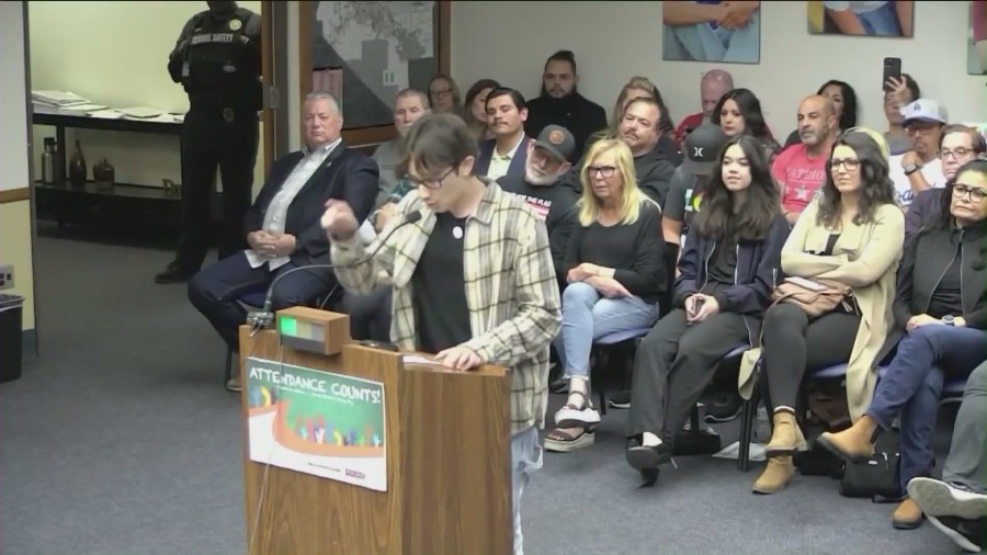 Student voices criticism of the controversial policy at an April 2023 meeting. The policy would require parental notification of transgender students in the Chino Unified Valley School District. (Chino Unified Valley School District)