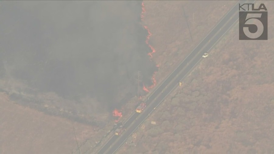 Firefighters are responding to a wildfire that erupted in Moreno Valley on July 14, 2023. (KTLA)