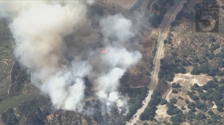 The Victor Fire broke out in Sylmar near the Newhall Pass area on July 25, 2023. (KTLA)