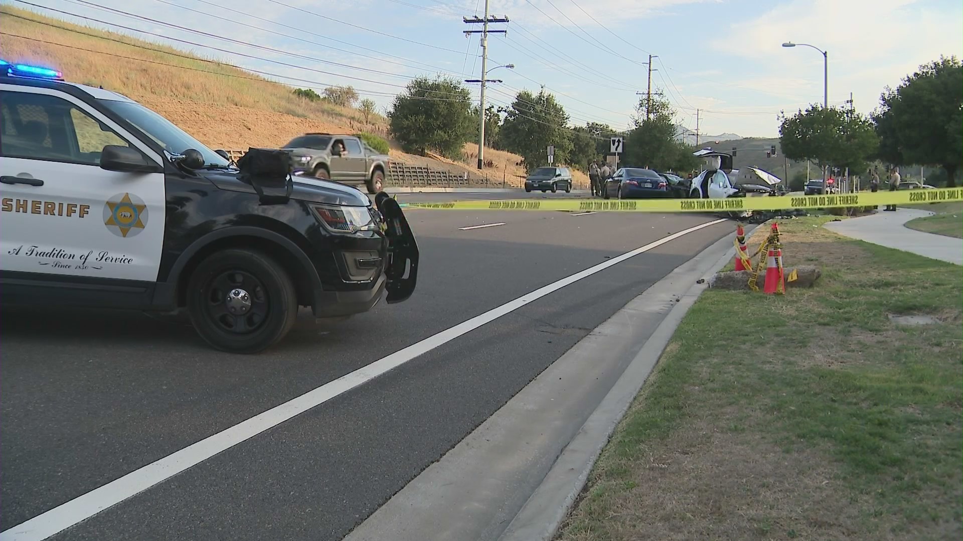 One person was killed and six others were hospitalized after a violent multi-vehicle crash in Calabasas on July 22, 2023. (KTLA)