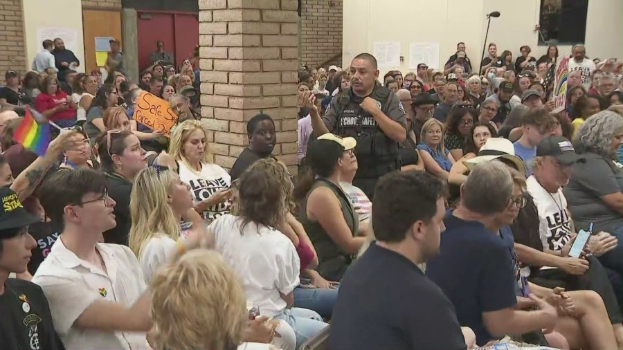 Hundreds attended a heated Chino Valley school board meeting as a controversial policy requiring parental notification of any transgender children passed with a 4-1 vote on July 20, 2023. (KTLA)