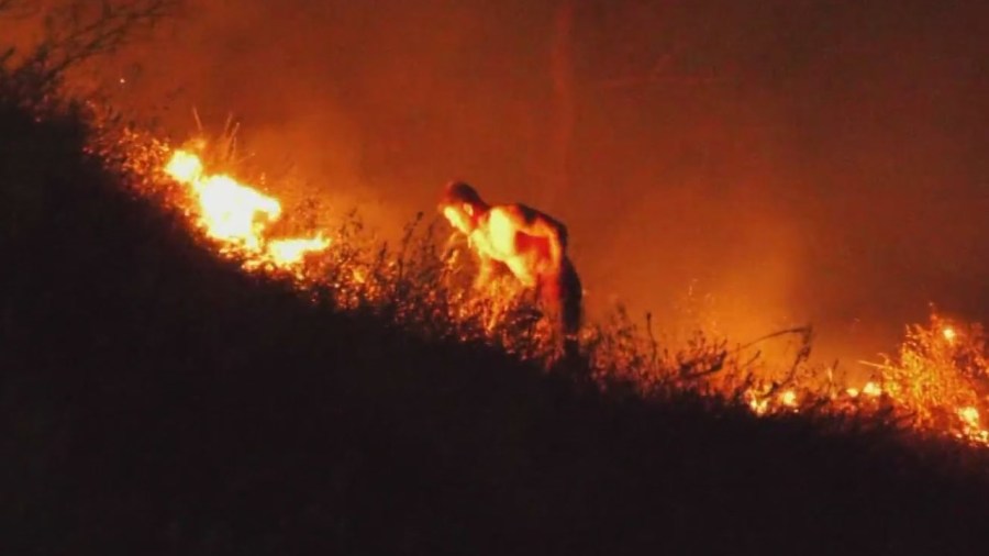 A man is seen using his T-shirt to fight a wildfire.