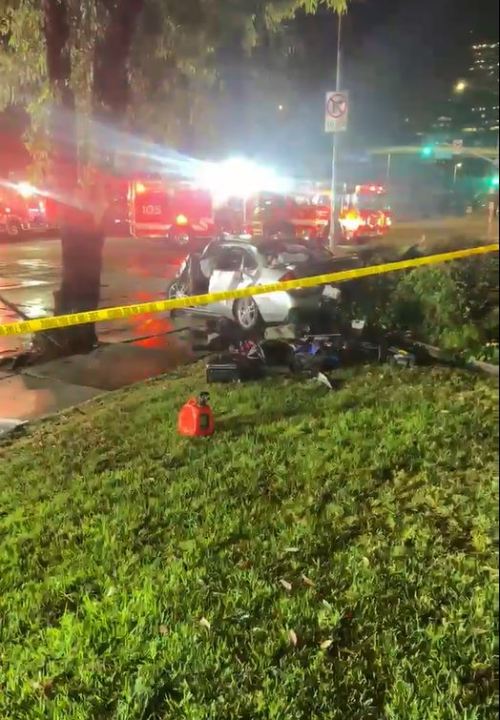 Four people were hospitalized in critical condition after a high-speed crash in Woodland Hills on July 8 2023. (Citizen)