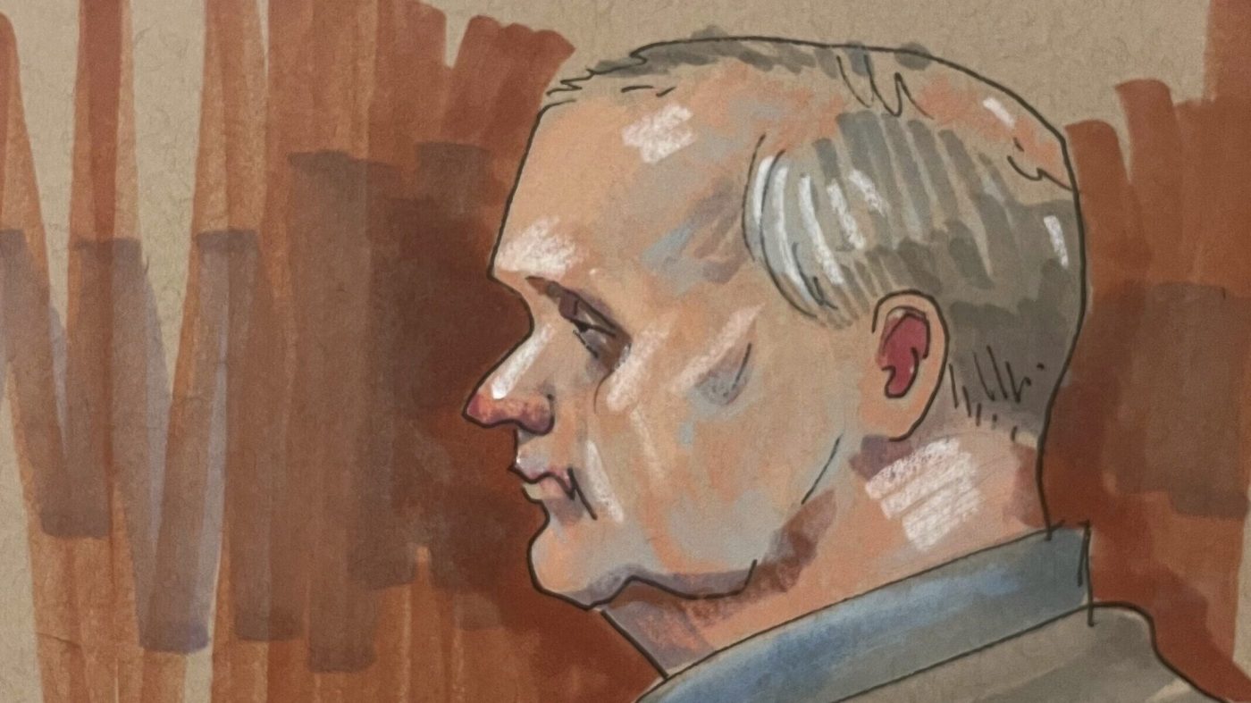 In this courtroom sketch, Robert Bowers, the suspect in the 2018 synagogue massacre, is on trial in federal court on May 30, 2023, in Pittsburgh. (David Klug via AP)