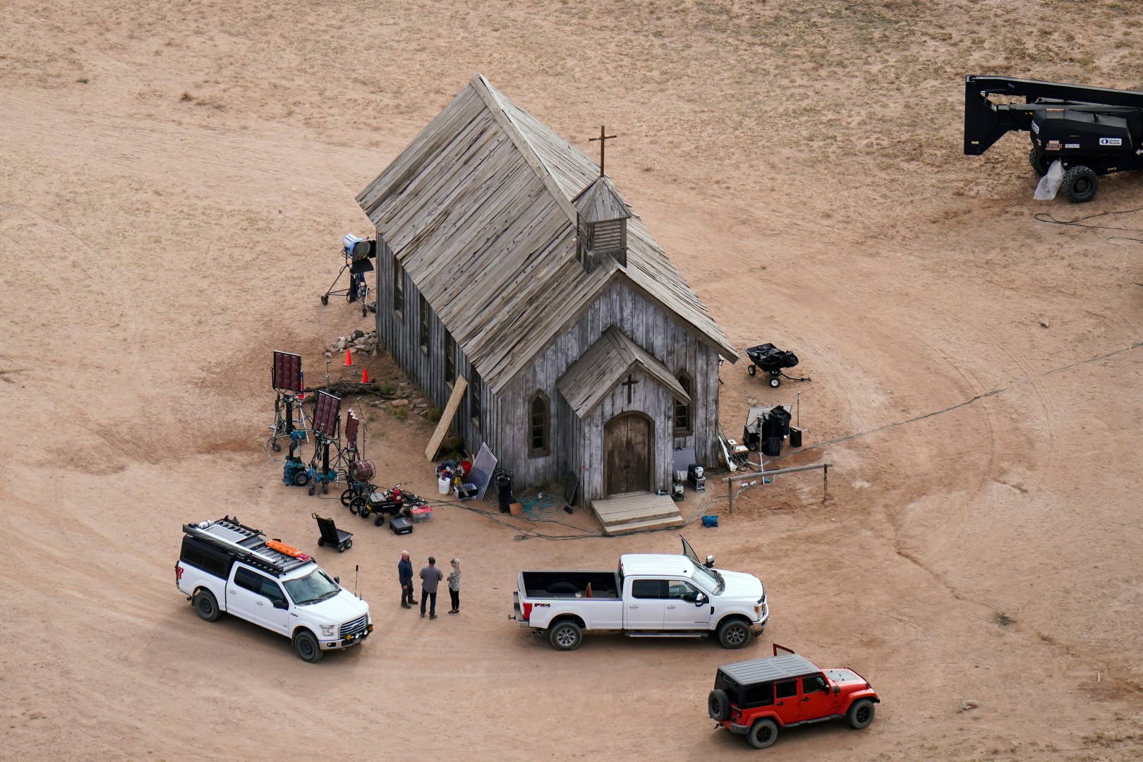 FILE - This aerial photo shows the Bonanza Creek Ranch in Santa Fe, N.M., on Oct. 23, 2021, used for the film "Rust." Prosecutors have received a second expert analysis of the revolver fired in the fatal shooting of a cinematographer by Alec Baldwin on the set of a Western film in New Mexico, as they weigh whether to refile charges against the actor. (AP Photo/Jae C. Hong, File)