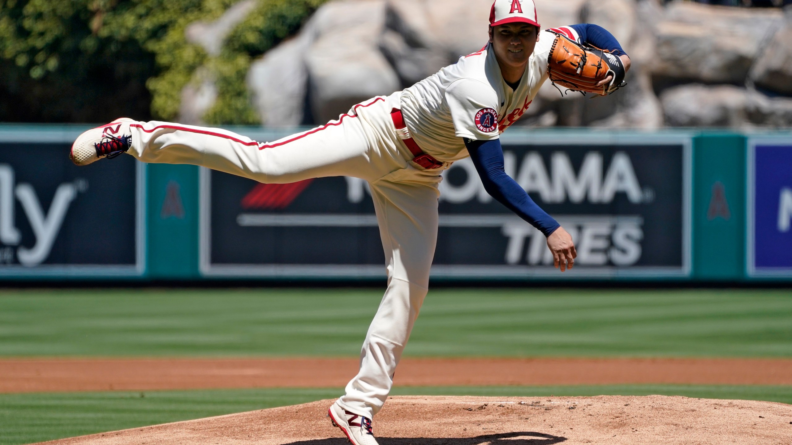 Los Angeles Angels starting pitcher Shohei Ohtani throws to the plate during the first inning of a baseball game against the Cincinnati Reds Wednesday, Aug. 23, 2023, in Anaheim, Calif. (AP Photo/Mark J. Terrill)