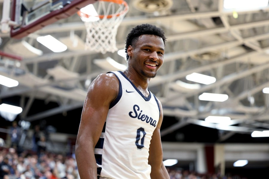 Sierra Canyon's Bronny James smiles during a high school basketball game against Christopher Columbus at the Hoophall Classic, Jan. 16, 2023, in Springfield, Mass. (Gregory Payan/Associated Press)