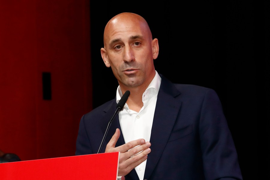 The president of the Spanish soccer federation Luis Rubiales speaks during an emergency general assembly meeting in Las Rozas, Friday Aug. 25, 2023. Rubiales has refused to resign despite an uproar for kissing a player, Jennifer Hermoso on the lips without her consent after the Women's World Cup final. Rubiales had also grabbed his crotch in a lewd victory gesture from the section of dignitaries with Spain's Queen Letizia and the 16-year old Princess Sofía nearby. (Real Federación Española de Fútbol/Europa Press via AP)