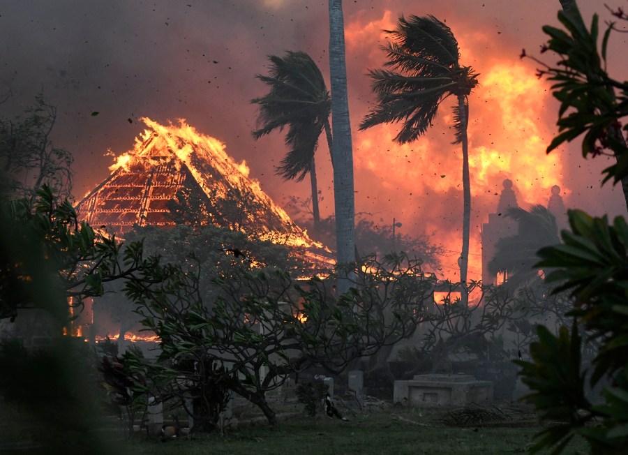 The hall of historic Waiola Church in Lahaina and nearby Lahaina Hongwanji Mission engulfed in flames