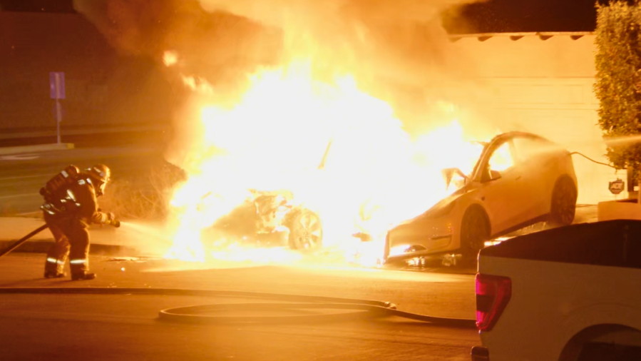 Electric cars catch fire outside a La Habra home.