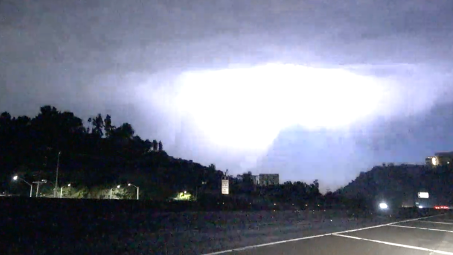 A lightning strike hits over the Los Angeles area from the 405 Freeway near Mulholland.