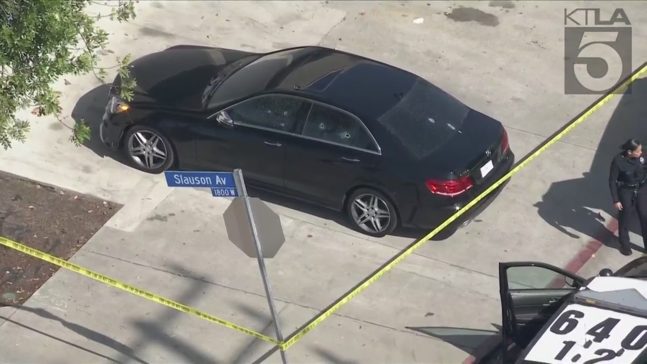 A man was shot while driving in South Los Angeles on Aug. 31, 2023. (KTLA)