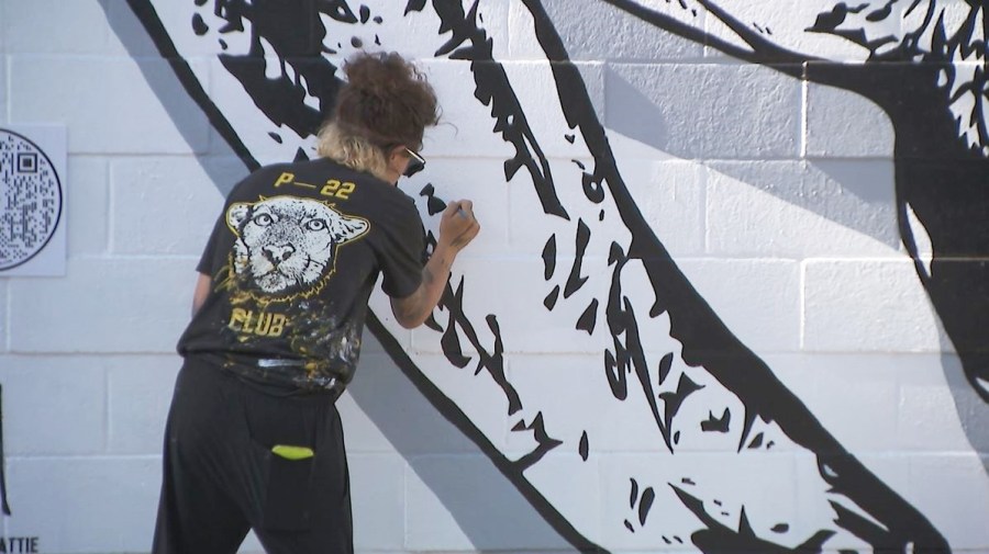 Mural honoring famed mountain lion P-22 unveiled in West Hollywood on August 4, 2023. (KTLA)