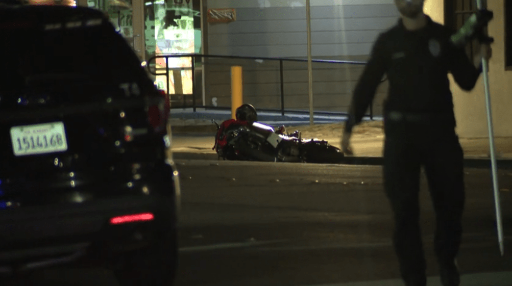 A motorcyclist died after hitting a sidewalk in Pomona on Aug. 22, 2023. (KTLA)