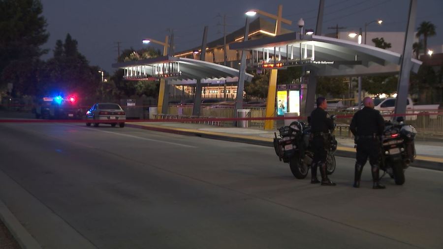 One person was killed and another hospitalized after a deadly shooting at a Metro bus station in Tarzana on August 4, 2023. (KTLA)