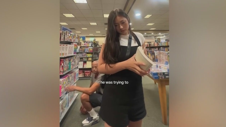 A TikTok video captures a man lurking extremely close to a woman's legs while she was shopping in a Burbank Barnes & Noble. (Michaela Witter)