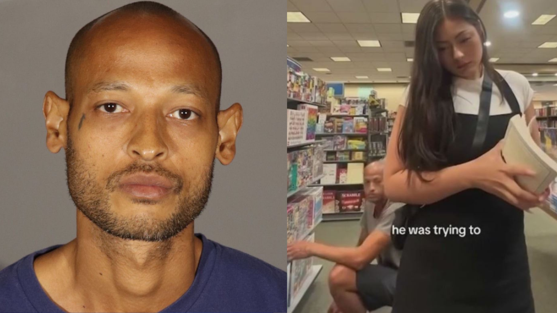 Calese Crowder seen in an August 17, 2023 booking photo along with a TikTok video clip that captures a man lurking extremely close to a woman’s legs in a Burbank Barnes & Noble on August 7, 2023. (Glendale Police Department, Michaela Witter)