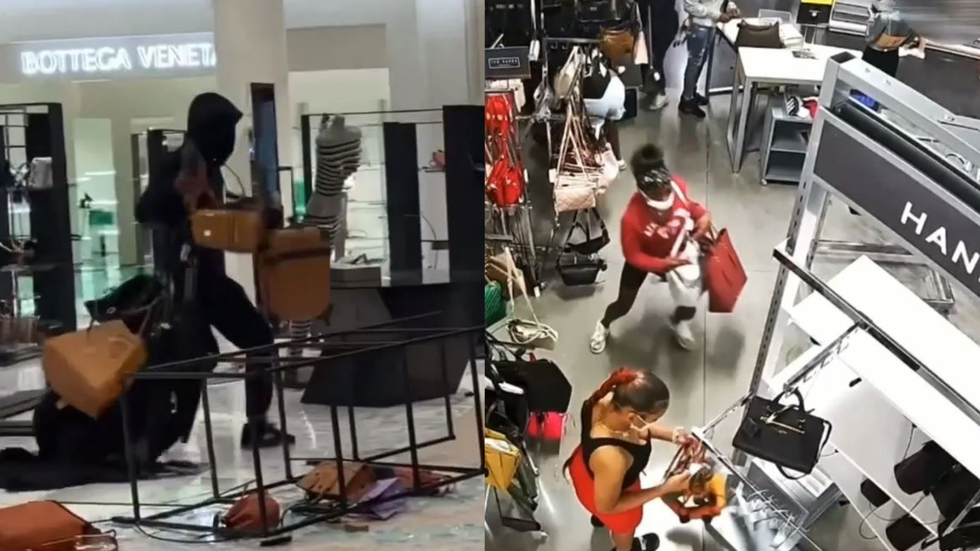A group of flash mob robbers raiding a Nordstrom at the Westfield Topanga mall on Aug. 12, 2023 and video of a group of thieves ransacking a Nordstrom Rack in Riverside on July 10, 2023. (TNLA, Riverside Police Department)