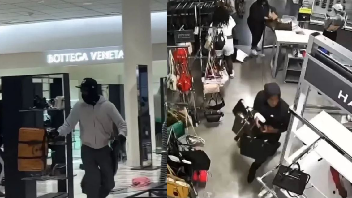 A group of flash mob robbers raiding a Nordstrom at the Westfield Topanga mall on Aug. 12, 2023 and video of a group of thieves ransacking a Nordstrom Rack in Riverside on July 10, 2023. (TNLA, Riverside Police Department)