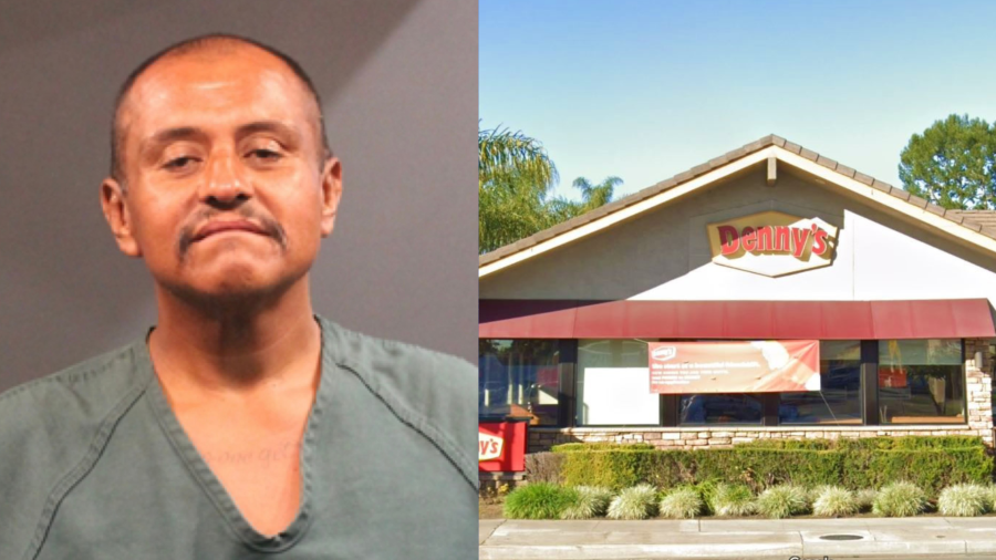 Raymond Miramontes in a booking photo from the Santa Ana Police Department. Denny's restaurant in a photo from Google Earrth.