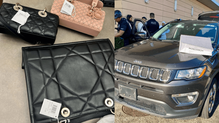 Stolen Dior handbags and suspects' SUV pictured after three women were arrested for allegedly stealing thousands of dollars worth of goods from a Glendale mall on August 16, 2023. (Glendale Police Department)