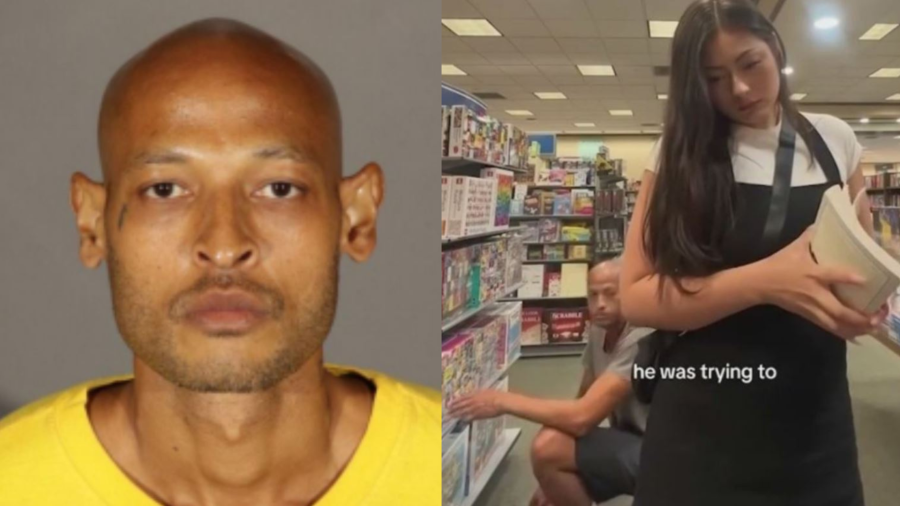 A TikTok video captures a man lurking extremely close to a woman's legs while she was shopping in a Burbank Barnes & Noble on August 7, 2023. (Michaela Witter, Glendale Police Department)