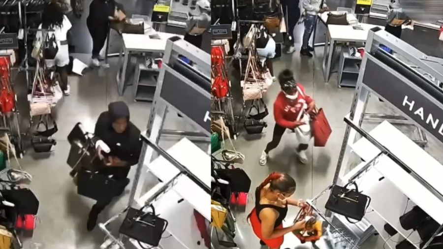 Security video captured a mob of thieves ransacking a Nordstrom Rack in Riverside and escaping with thousands of dollars worth of designer handbags. (Riverside Police Department)