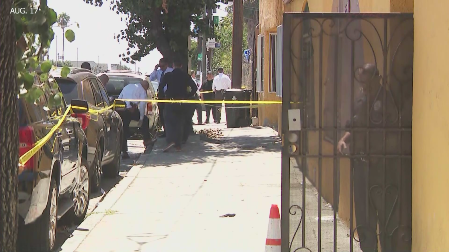 Police respond to the scene of a fatal shooting in Boyle Heights on Aug. 17, 2023. (KTLA)