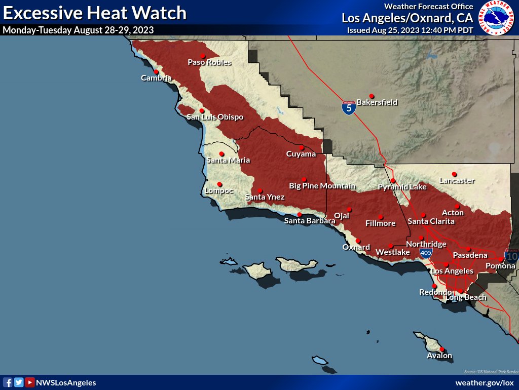 An excessive heat warning will be in effect across Southern California on Aug. 28-29. (National Weather Service)