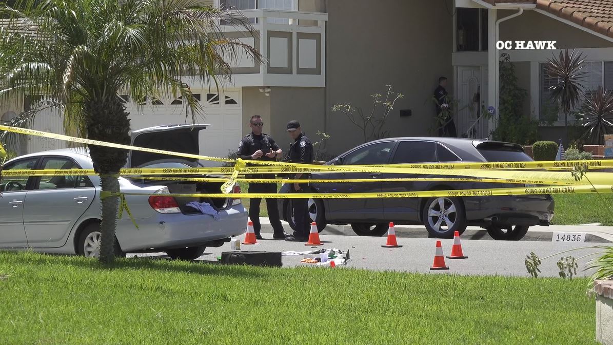 Police are searching for suspects after a man was shot and killed in an Irvine neighborhood on Aug. 3, 2023. (OC Hawk)