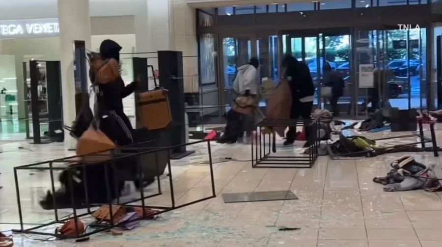 Video captured a mob of thieves swarming a Nordstrom in Canoga Park as they cleared out the store during a destructive robbery on August 12, 2023. (TNLA)