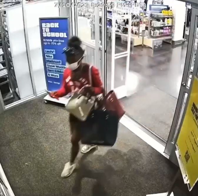 Security video captured a mob of thieves ransacking a Nordstrom Rack in Riverside and escaping with thousands of dollars worth of designer handbags. (Riverside Police Department)