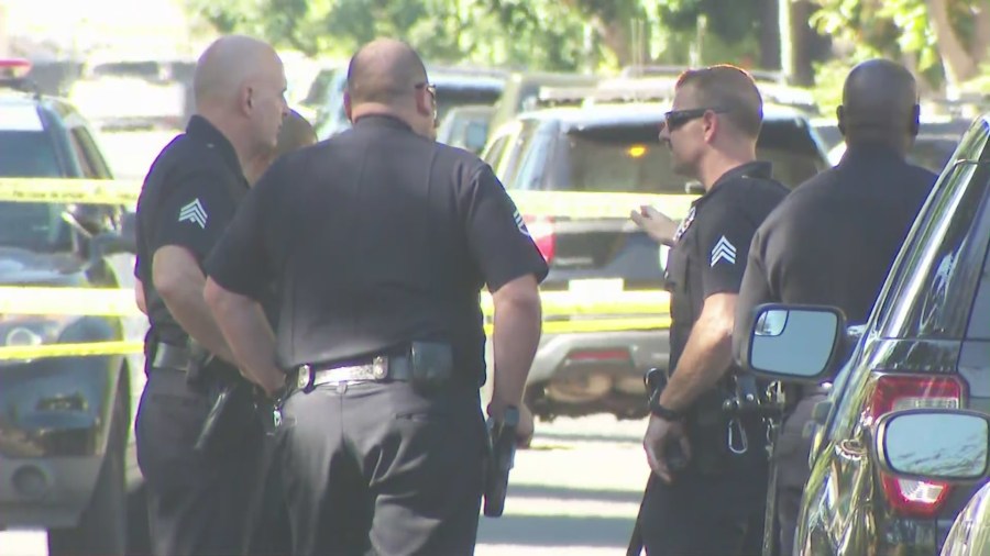 Police were searching for a suspect after a man was shot in North Hollywood on Aug. 25, 2023. (KTLA)