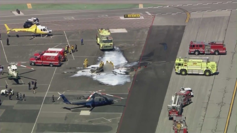 Firefighters extinguished a plane fire in Van Nuys on Aug. 2, 2023. (KTLA)