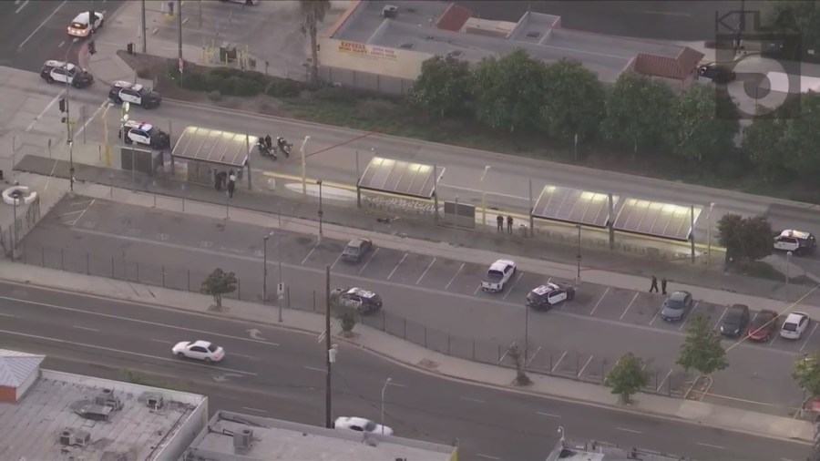 One person was killed and another hospitalized after a deadly shooting at a Metro bus station in Tarzana on August 4, 2023. (KTLA)