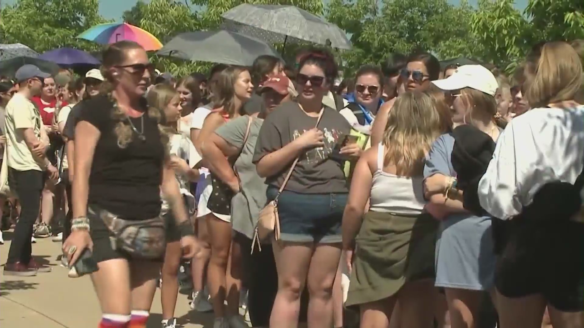 Swifties in line for the merchandise truck for Taylor Swift's "The Eras Tour." (KTLA)