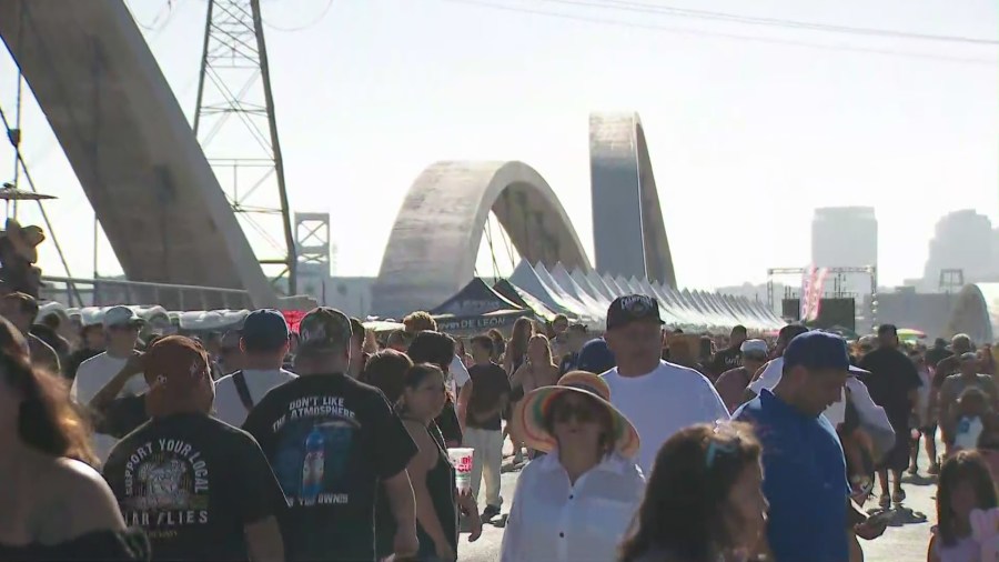 Bridgefest LA 2023 took over the 6th Street Bridge in downtown Los Angeles on Aug. 5, 2023. (KTLA)