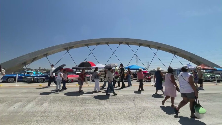 Bridgefest LA 2023 took over the 6th Street Bridge in downtown Los Angeles on Aug. 5, 2023. (KTLA)