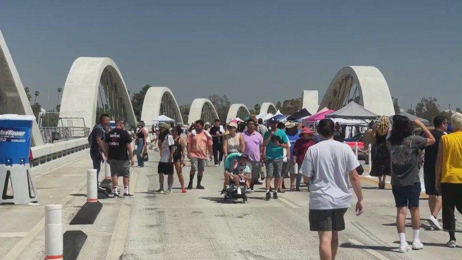 Bridgefest LA 2023 took over the 6th Street Bridge in downtown Los Angeles on Aug. 5, 2023. (KTLA)