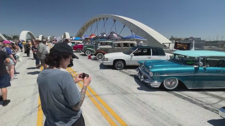 Bridgefest LA 2023 took over the 6th Street Bridge in downtown Los Angeles on Aug. 5, 2023. (KTLA)