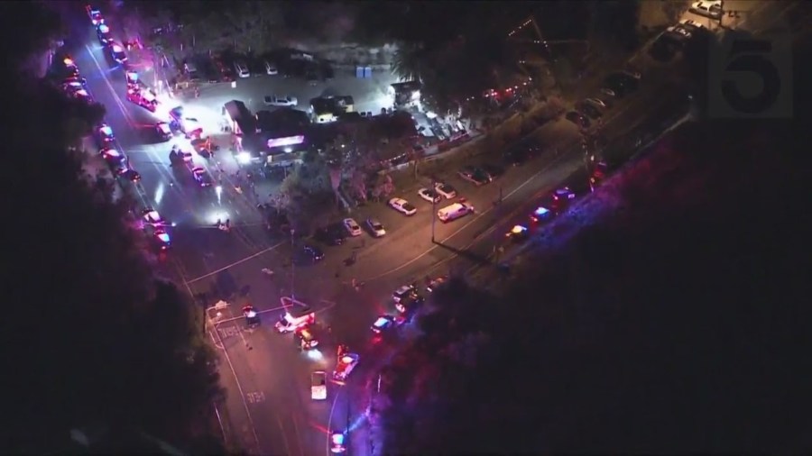 Authorities responded after several people were shot at Cook's Corner, a biker bar in Trabuco Canyon on August 23, 2023. (KTLA)