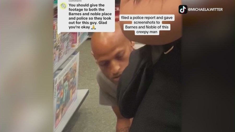 A TikTok video captures a man lurking extremely close to a woman's legs while she was shopping in a Burbank Barnes & Noble. (Michaela Witter)