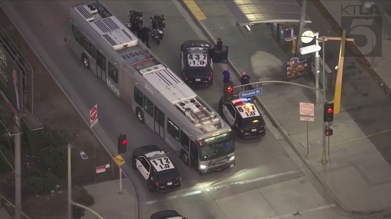 One person was killed and another hospitalized after a shooting at a Metro bus station in Tarzana on Aug. 4, 2023. (KTLA)