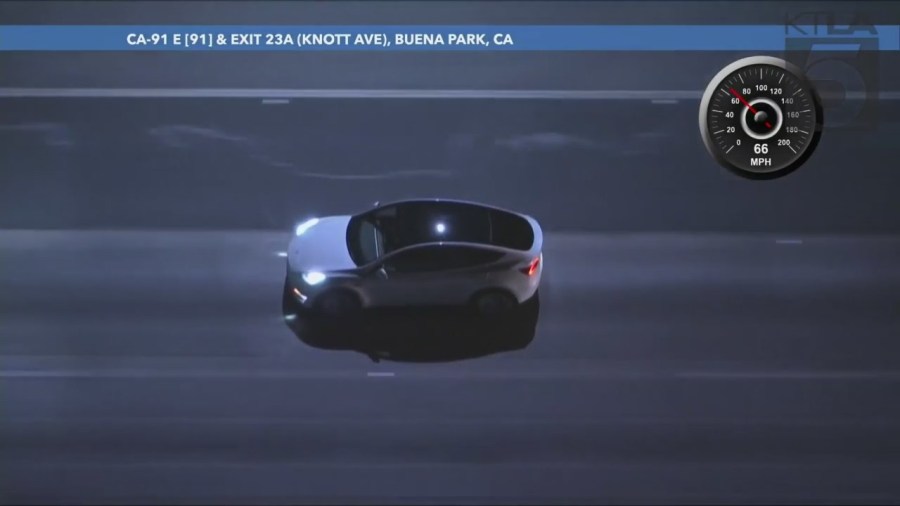 A Tesla driver was arrested after a pursuit through L.A. and Orange counties on Aug. 26, 2023. (KTLA)