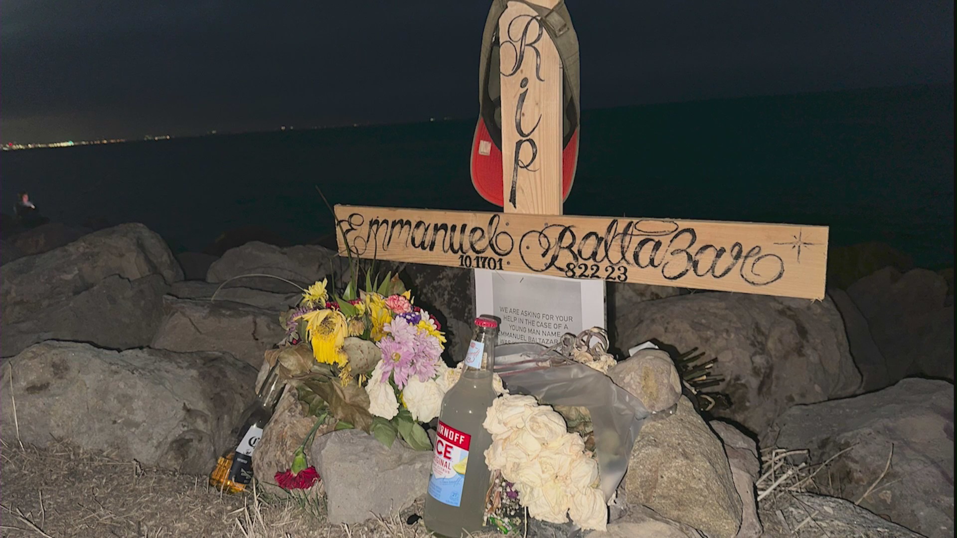 A memorial set up by loved ones to remember Emmanuel Baltazar Silva at Las Tunas Beach on August 31, 2023. (KTLA)