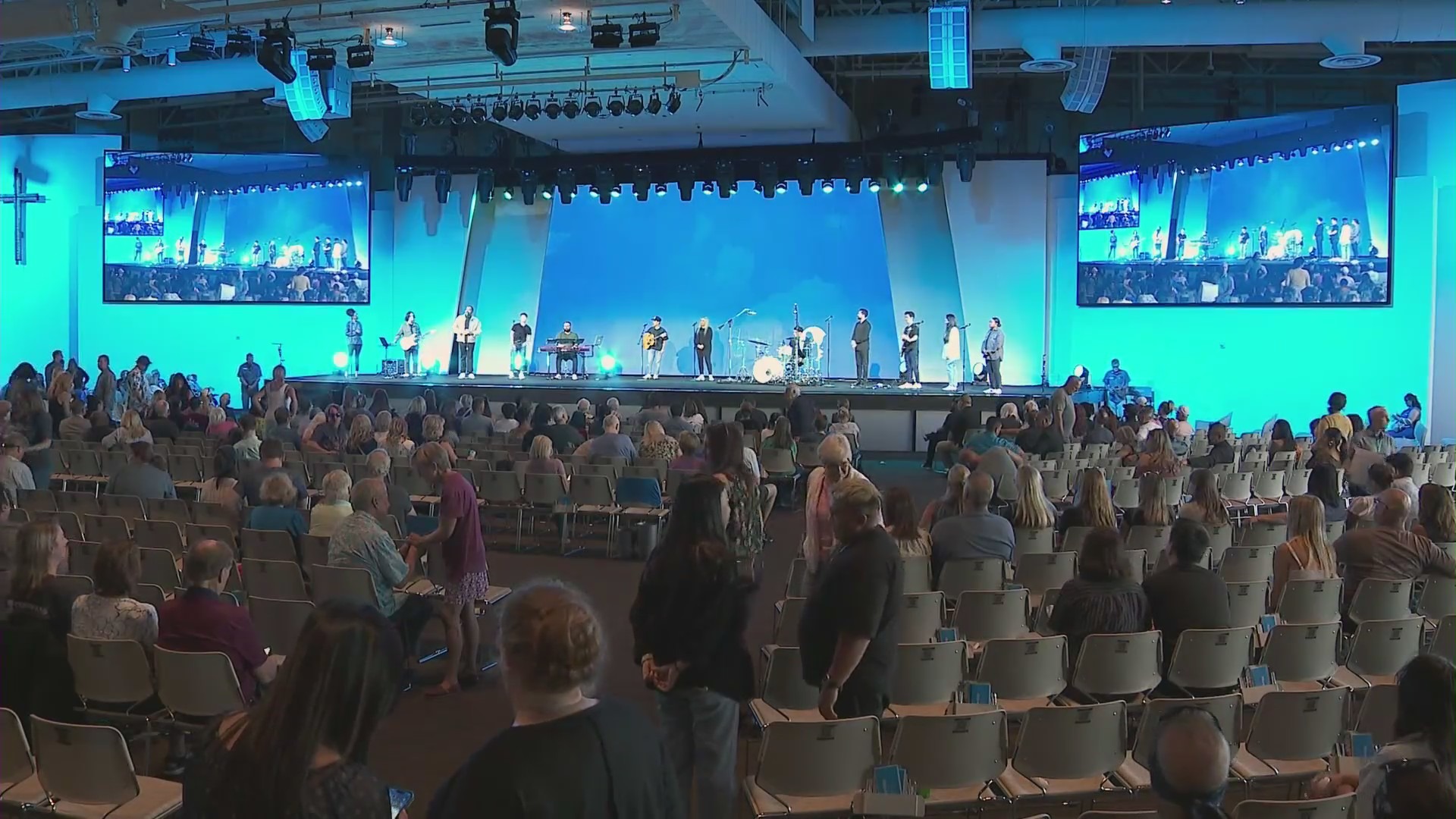 Hundreds attended a community gathering and prayer held in a Lake Forest church to honor the victims killed in a mass shooting at Cook’s Corner bar on Aug. 25, 2023. (KTLA)