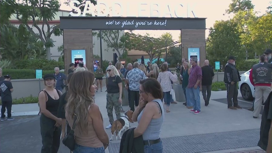 Hundreds attended a community gathering and prayer held in a Lake Forest church to honor the victims killed in a mass shooting at Cook’s Corner bar on Aug. 25, 2023. (KTLA)