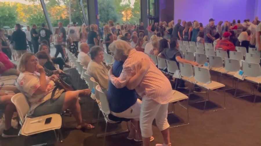 Hundreds attended a community gathering and prayer held in a Lake Forest church to honor the victims killed in a mass shooting at Cook’s Corner bar on Aug. 25, 2023. (KTLA)