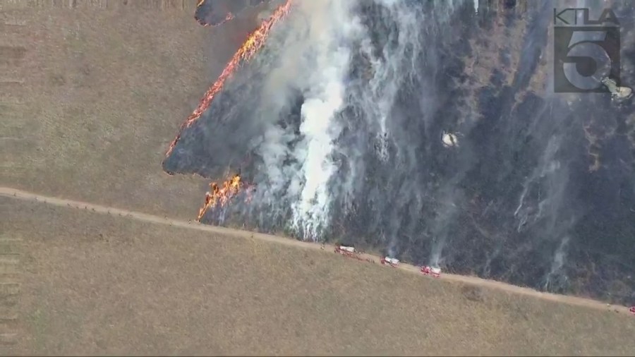 Fire crews battling the massive Rock Fire in Perris on August 9, 2023. (KTLA)